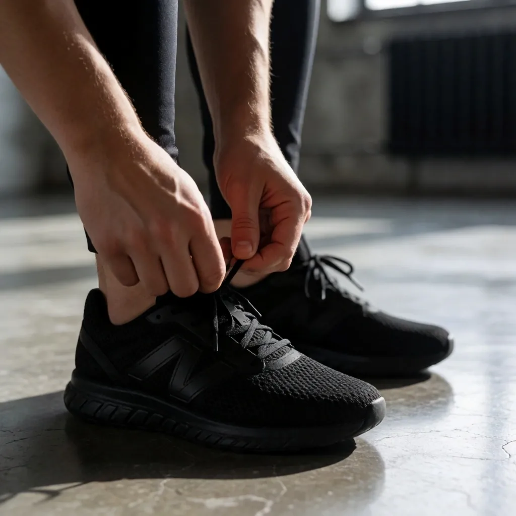 Osoba wiążąca buty sportowe na betonowej podłodze