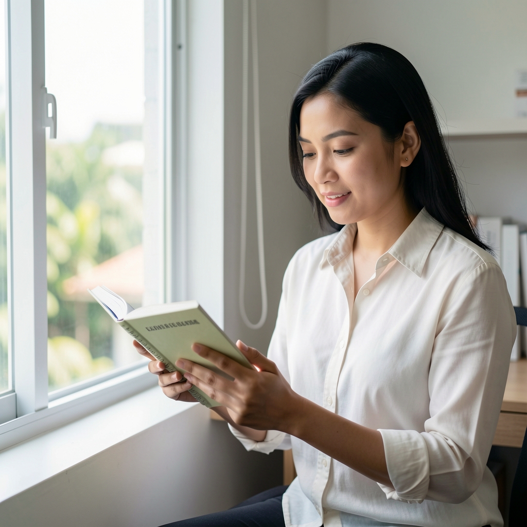 Indonesian editorial writer reviewing a nutrition notebook beside a bright window