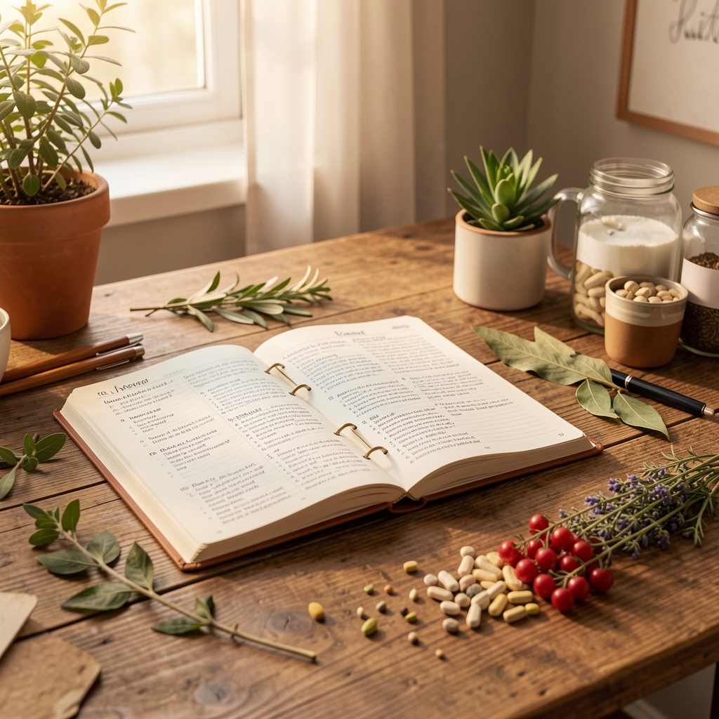 Warm editorial workspace with open nutrition journal, wooden desk and botanical supplement ingredients