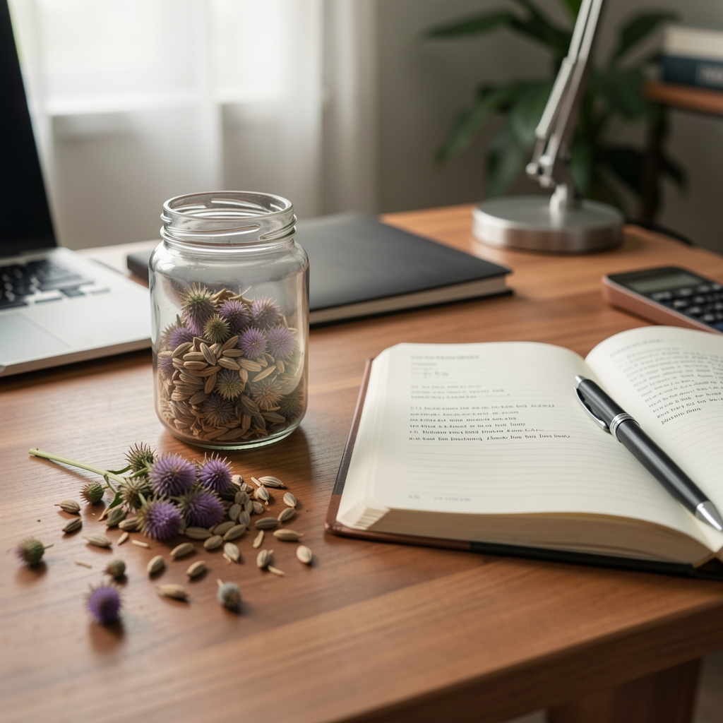 Milk thistle seeds, extract jar and open ingredient notebook on a Jakarta editorial desk