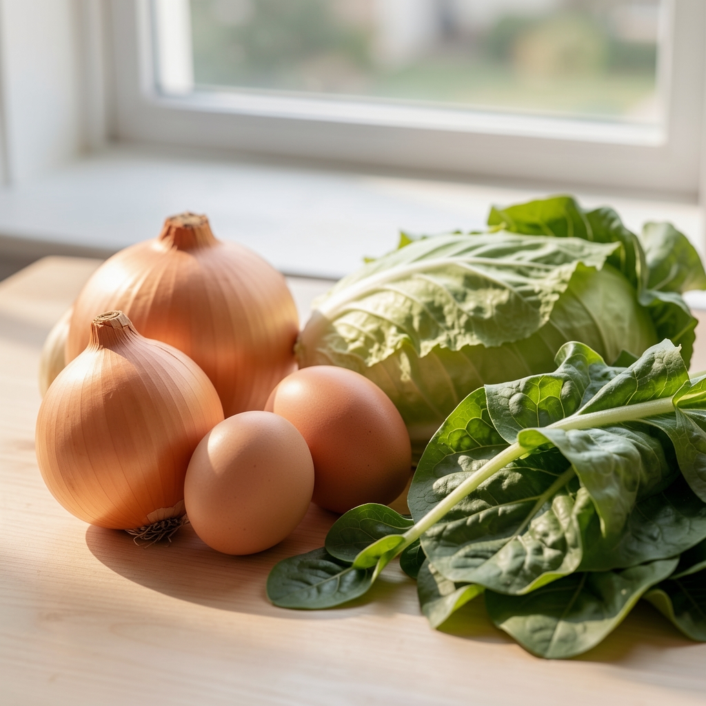 NAC ingredient notes beside onions, eggs and leafy greens in natural morning light