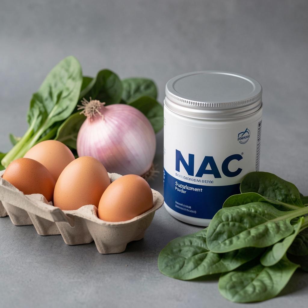 NAC supplement powder beside eggs, onions and leafy greens in a carefully arranged editorial still life