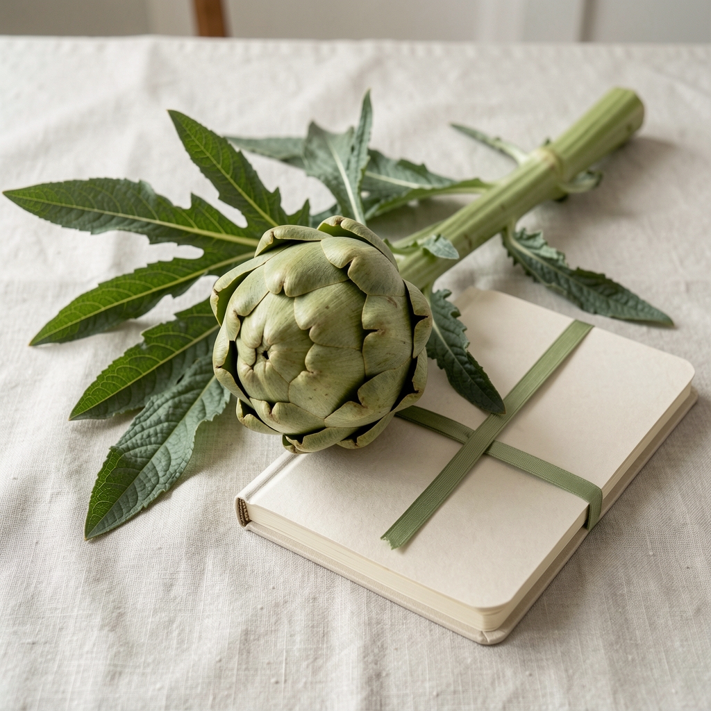Fresh artichoke, green leaves and ingredient notebook arranged on pale linen