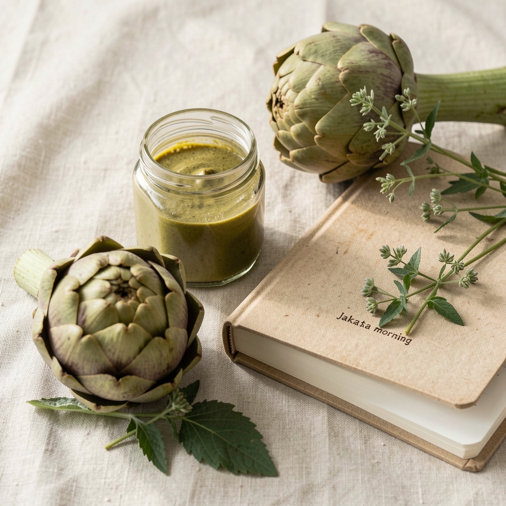 Artichoke extract with fresh artichoke, herbs and a Jakarta morning notebook on pale linen