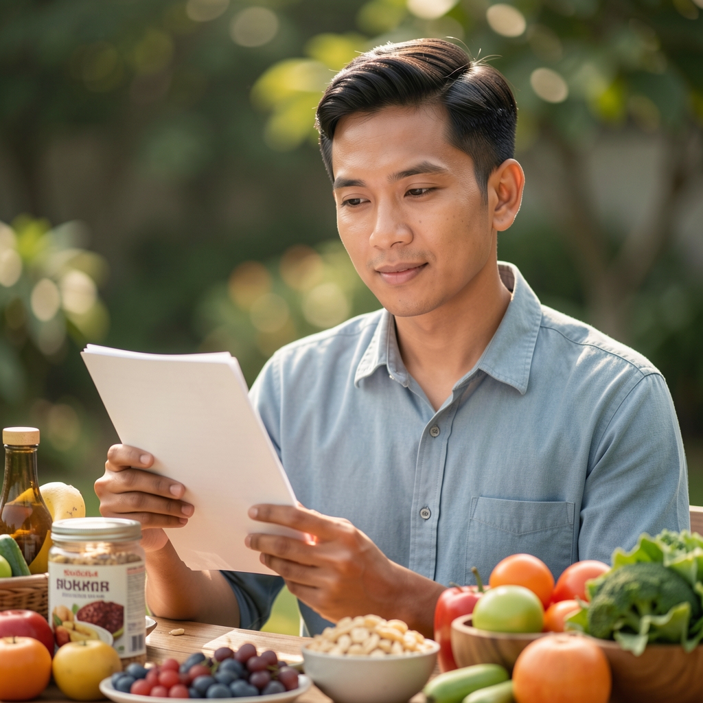 Editorial portrait of an Indonesian man reviewing nutrition notes beside whole foods in morning light