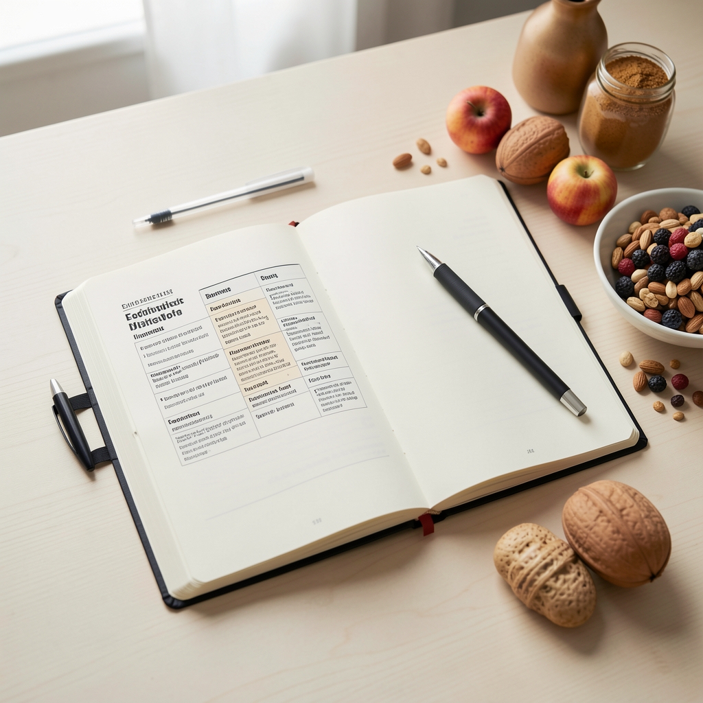 Open editorial method notebook with ingredient labels, pen and whole foods on a pale desk